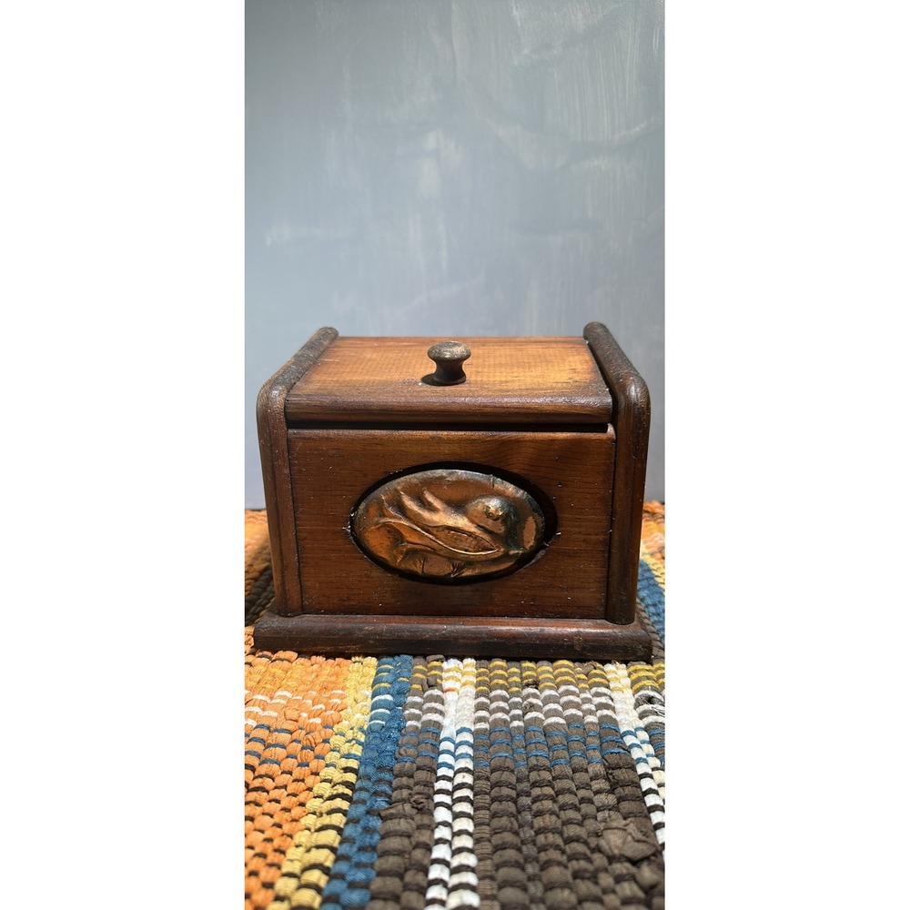 Vintage Wooden Box with Lid & Copper Accent Small Trinket Keepsake/Recipe Box